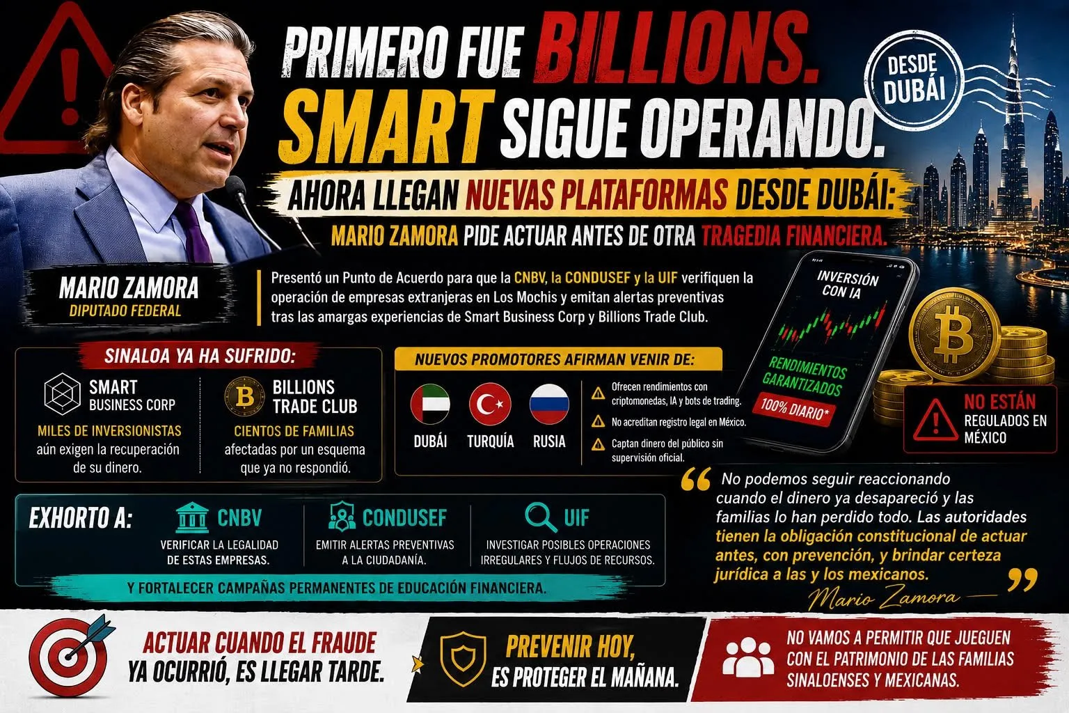 Primero fue Billions. Smart sigue operando. Ahora llegan nuevas plataformas desde Dubái: Mario Zamora pide actuar antes de otra tragedia financiera Primero fue Billions. Smart sigue operando. Ahora llegan nuevas plataformas desde Dubái: Mario Zamora pide actuar antes de otra tragedia financiera