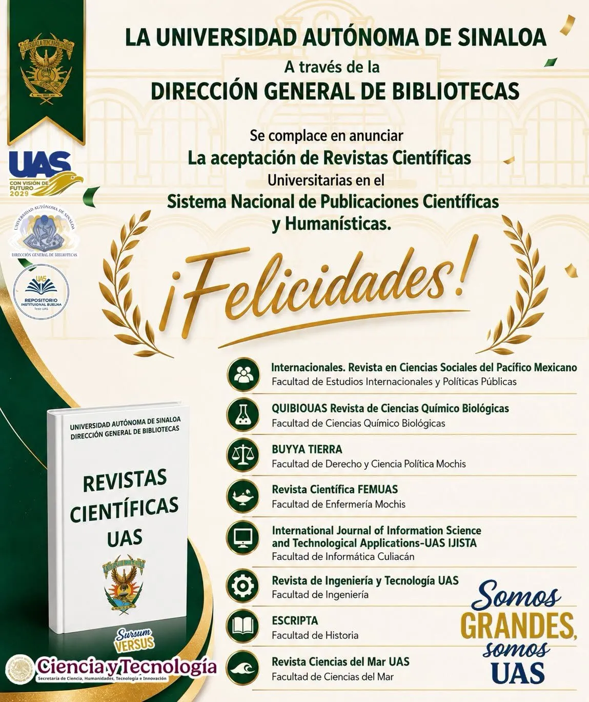 Proyecta la UAS su producción científica y humanística a más de 126 países; logra el ingreso de ocho revistas al Sistema Nacional de Publicaciones 2026 Proyecta la UAS su producción científica y humanística a más de 126 países; logra el ingreso de ocho revistas al Sistema Nacional de Publicaciones 2026