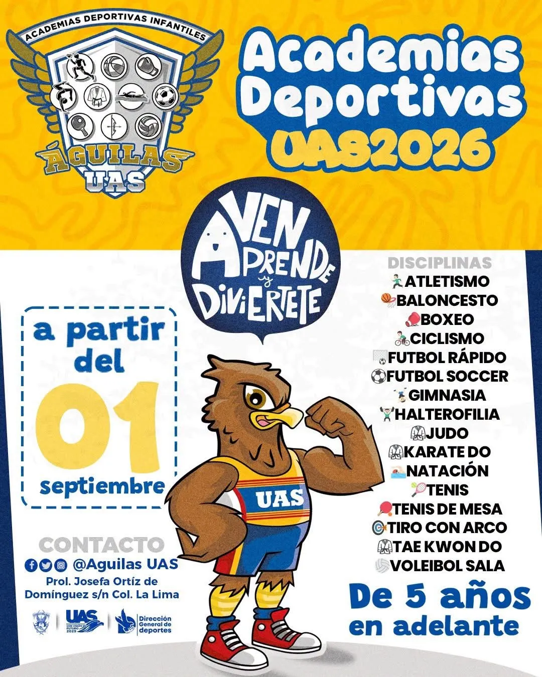 La UAS abre sus Academias Deportivas 2026-2027 con alrededor de 15 disciplinas para impulsar el talento, la convivencia y los valores entre niñas, niños y jóvenes La UAS abre sus Academias Deportivas 2026-2027 con alrededor de 15 disciplinas para impulsar el talento, la convivencia y los valores entre niñas, niños y jóvenes