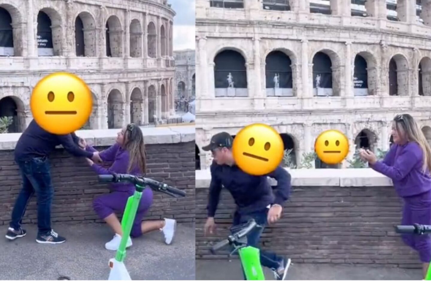 VIDEO: Mujer le propone matrimonio a su novio en el Coliseo de Roma, pero se asusta y sale corriendo