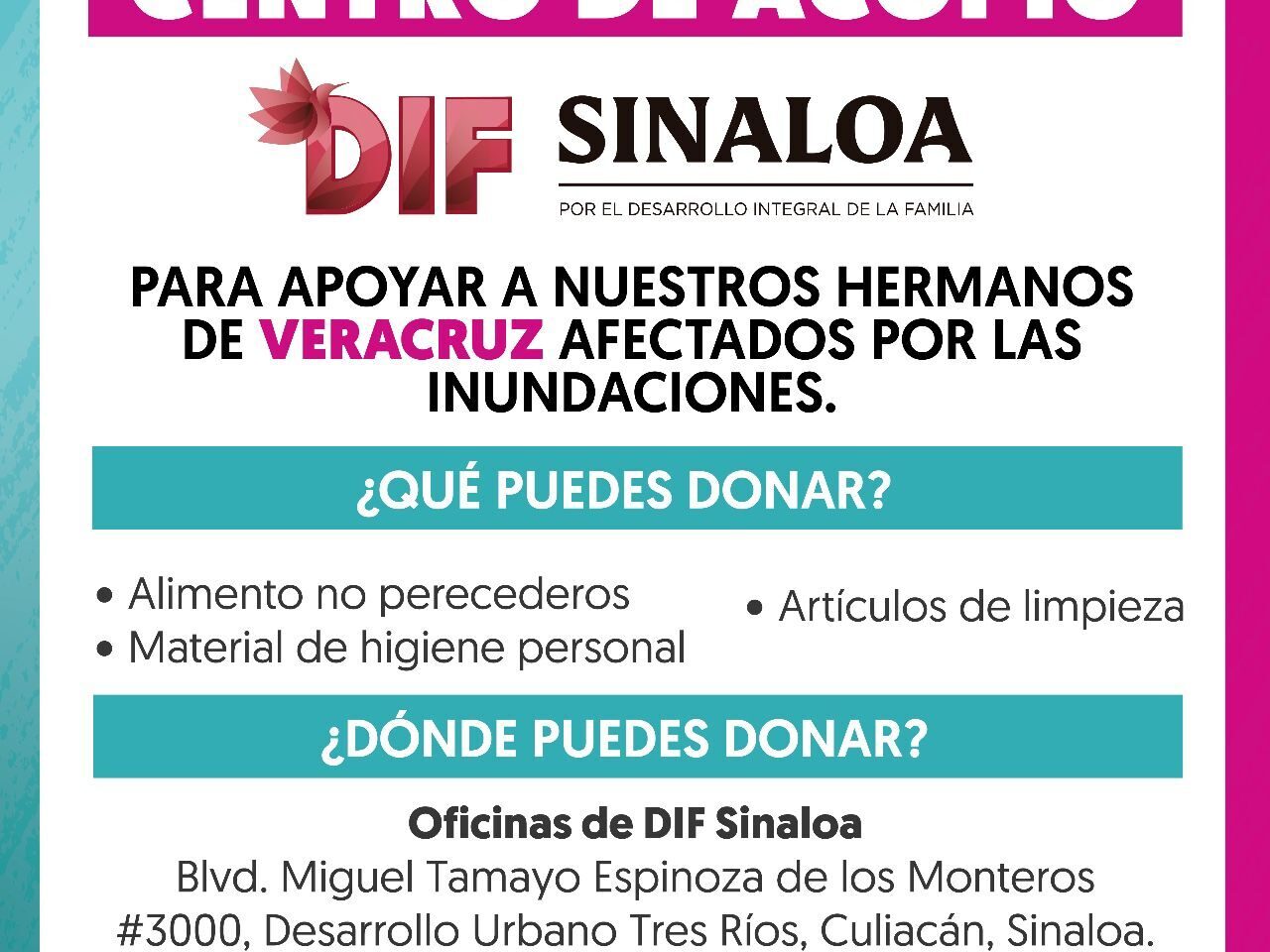 DIF Sinaloa abre centro de acopio para ayudar familias afectadas por inundaciones en Veracruz